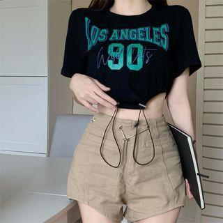 Short-sleeve Lettering Drawstring Cropped T-shirt / High Waist Hot Pants