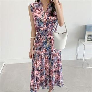 Sleeveless Pattern Shirtdress With Sash Red - One Size