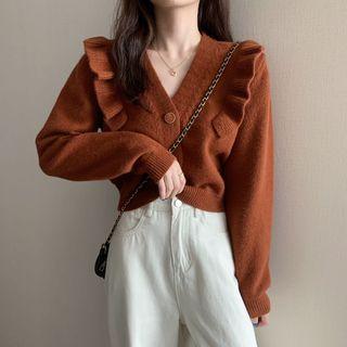 V-neck Ruffled Knit Cropped Cardigan