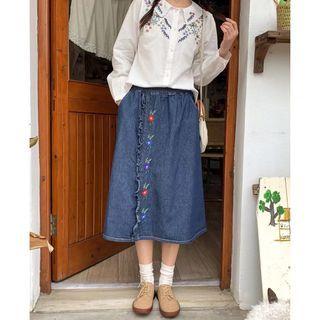 Floral Embroidered Ruffled Midi A-line Denim Skirt Dark Blue - One Size