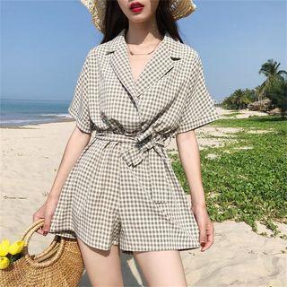 Notched Lapel Gingham Short-sleeve Playsuit
