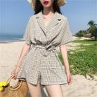 Notched Lapel Gingham Short-sleeve Playsuit