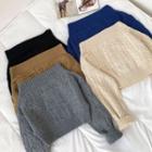 Plain Off-shoulder Long-sleeve Cable-knit Sweater