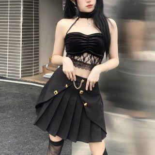 Lace Trim Cropped Halter Top / Mini Pleated Skirt