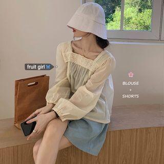 Puff-sleeve Sheer Top / Shorts