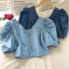 V-neck Zipper Puff-sleeve Denim Blouse