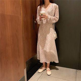 V-neck Floral Print Chiffon Dress As Shown In Figure - One Size
