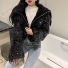 Fleece-collar Sequined Padded Jacket