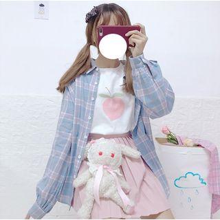 Long-sleeve Plaid Shirt / Short-sleeve Peach Print T-shirt