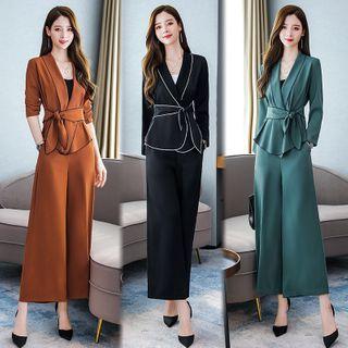Set: Contrast Trim Long-sleeve Blouse + Wide-leg Pants