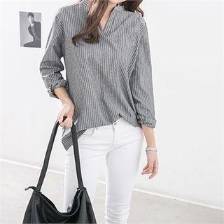 Mandarin-collar Open-placket Stripe Blouse