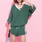 Set: V-neck 3/4-sleeve T-shirt + Contrast Trim Shorts