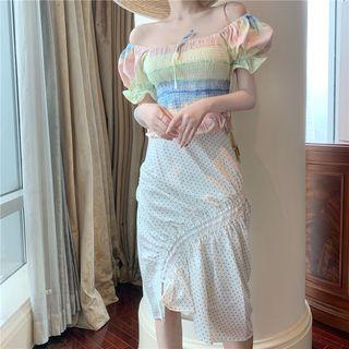 Striped Off-shoulder Slim-fit Blouse / Irregular Dot Skirt