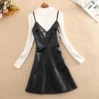 Mock-neck Long-sleeve Knit Top / Faux-leather A-line Pinafore Dress / Set