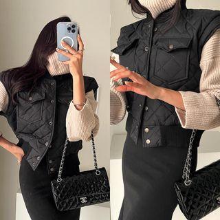 Band-hem Dual-pocket Quilted Vest Black - One Size