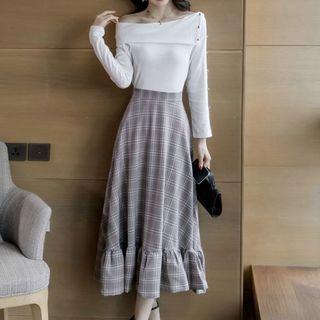 Set: Long-sleeve Embellished Top + Plaid A-line Midi Skirt