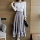 Set: Long-sleeve Embellished Top + Plaid A-line Midi Skirt