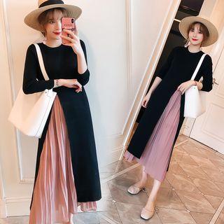 Mock Two-piece 3/4-sleeve Pleated Panel Midi Dress