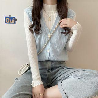 Mock Neck Knit Top / Button-up Sweater Vest