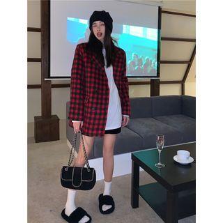 Plaid Button-up Coat Red - One Size