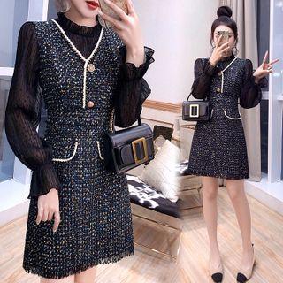 Set: Bell-sleeve Top + Fray Hem Tweed Mini A-line Overall Dress