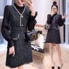 Set: Bell-sleeve Top + Fray Hem Tweed Mini A-line Overall Dress