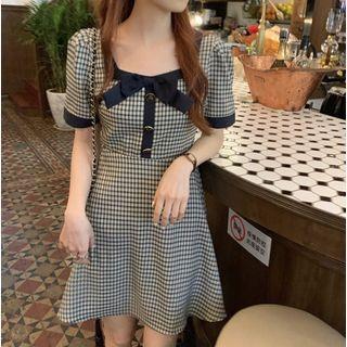 Puff-sleeve Square Neck Plaid Contrast Ribbon Dress