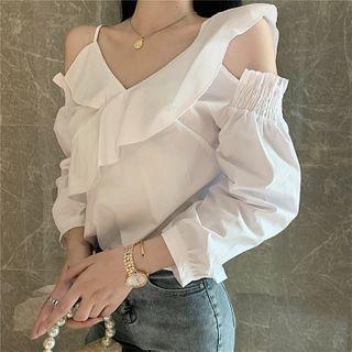 Off-shoulder Plain Ruffle Top White - One Size