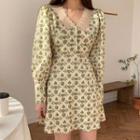 Lace Trim Floral Print Long-sleeve Mini A-line Dress Green - One Size