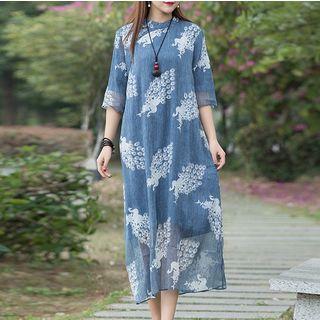 Embroidered Elbow Sleeve Cheongsam Dress