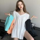 Elbow-sleeve V-neck Pocket T-shirt