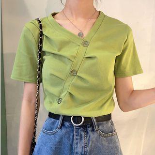 Button-front Pleated Short-sleeve Top