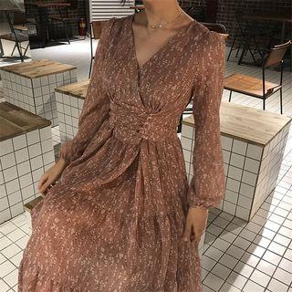 Long-sleeve Corset-waist Floral Print Midi Dress