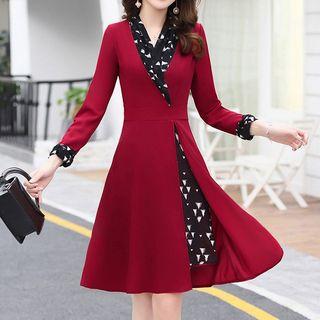 Patterned Panel Long-sleeve A-line Dress