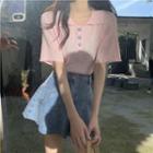 Short-sleeve Flower Buttons Polo-shirt
