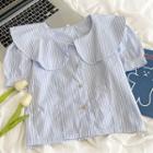 Puff-sleeve Peter Pan Collar Striped Shirt Blue - One Size