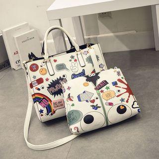 Set: Print Square Tote With Shoulder Strap + Cosmetic Bag