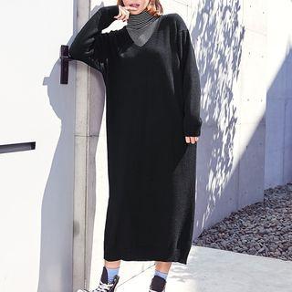 V-neck Midi Sweater Dress 0175 - Black - One Size
