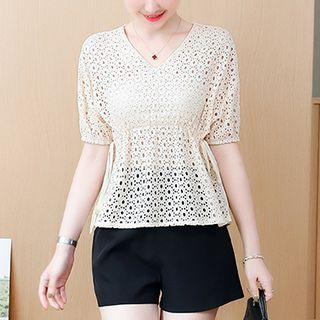 Eyelet Lace Drawstring Short-sleeve Blouse