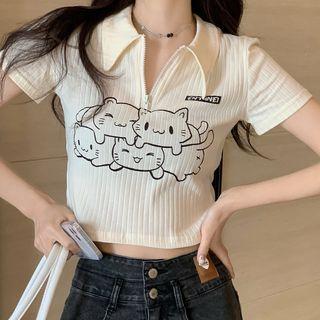 Short-sleeve Cat Print Polo Top Beige - One Size