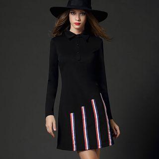 Long-sleeve Stripe-panel A-line Dress