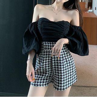 Cold Shoulder 3/4-sleeve Top / Houndstooth Shorts