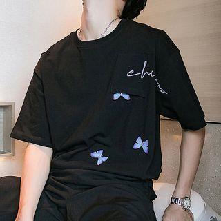 Short Sleeve Butterfly Embroidered Oversized Tee