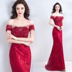 Embroidered Off Shoulder Mermaid Evening Gown