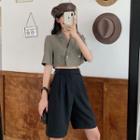 Short-sleeve Cropped Blouse / High-waist Straight-cut Shorts