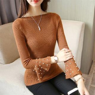 Bell-sleeve Beaded Knit Top