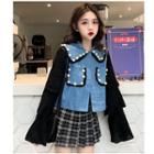 Mock Two-piece Embellished Open Front Denim Jacket