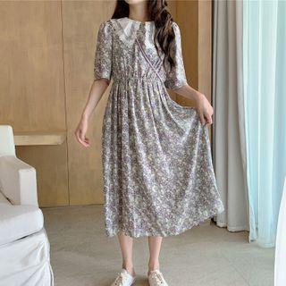 Collared Floral Elbow-sleeve Midi A-line Dress