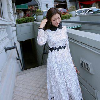 Long-sleeve Peter Pan Collar A-line Maxi Lace Dress