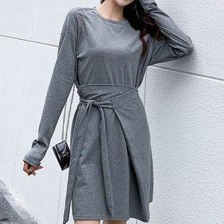 Set: Long-sleeve Plain Top + Tie-waist Asymmetric Mini Skirt